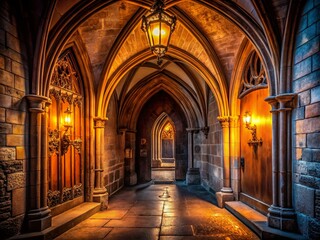 Fototapeta premium Mysterious Gothic Arched Doorway in a Stone Hallway with Eerie Lighting and Statues, Perfectly Captured Using the Rule of Thirds for a Medieval Ambiance