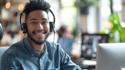 Fototapeta premium A young man wearing headphones smiles at his computer in a vibrant café during the day