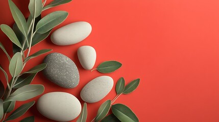 Simple 3D design of sage leaves and smooth stones, symbolizing healing and wellness, on a bright coral background