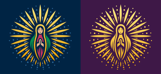 Virgin of Guadalupe, traditional Mexican virgin, with circular aura, traditional stylized Mexican Catholic