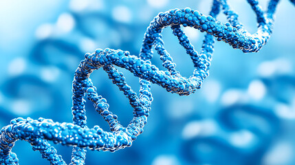 Transparent DNA double helix with water droplets, set against a blue gradient background. Ideal for scientific and educational materials, highlighting modern and futuristic themes.