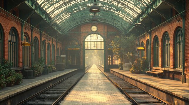 Empty train station platform with a glass roof, sunlight shining through the archway.