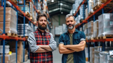Fototapeta premium Two men standing confidently in a warehouse, showcasing teamwork and camaraderie among inventory stacks