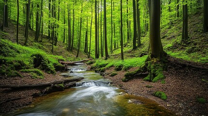 Obraz premium Stream Flowing Through Lush Green Forest with Sunlight Filtering Through Trees