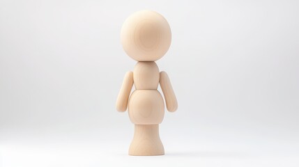 Wooden Figurine: Rear View of a simple, unpainted wooden doll.  The doll has a rounded head, simplified limbs, and a sturdy base. Perfect for crafting, design mockups or children's projects.  