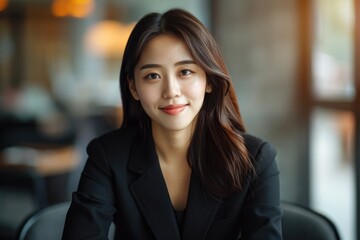 Naklejka premium Successful Asian businesswoman in office smiling after project completion.