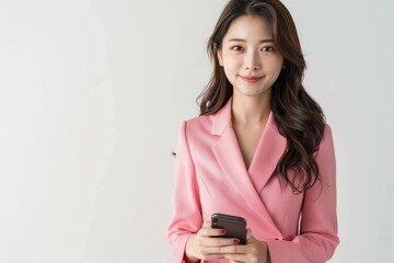 Fototapeta premium Young Asian professional woman in pink dress suit with smartphone.