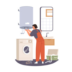 Worker repairing water heater. Heating device in washroom, professional maintenance service. Fixing, maintaining appliance in bathroom. Flat vector illustration isolated on white background
