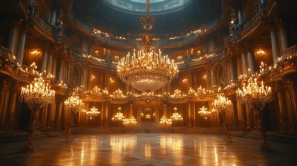 Obraz premium Ornate ballroom with large chandelier and candlelight.