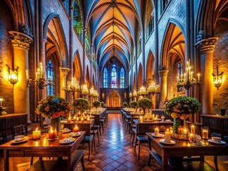 Nighttime Elegance Inside St John's Cathedral, Warsaw: A Captivating Food Photography Scene with Candlelit Tables and Exquisite Dishes in a Historic Setting