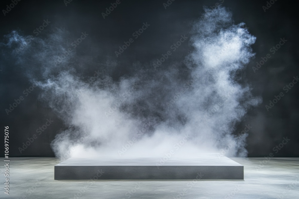 Poster a minimalist stage platform surrounded by swirling mist, creating an atmospheric and mysterious ambi