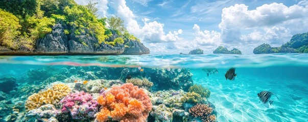 Naklejka premium A vibrant underwater scene showcasing colorful coral reefs and a clear blue ocean under a bright sky with lush greenery in the background.