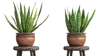 Collection of Indoor Plants in Pots Displayed on Wooden Stools Generative AI