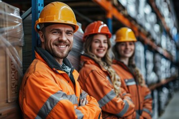 Happy warehouse team excelling in logistics and export industry.