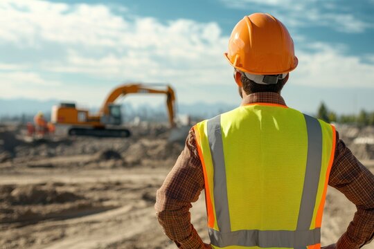 A construction worker in a safety vest and helmet observes an excavator at a job site, symbolizing diligence and workplace safety.