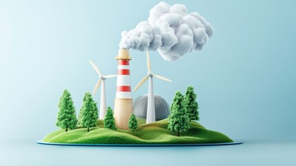 A vibrant mini landscape featuring a smokestack, wind turbines, and trees, symbolizing the juxtaposition of industrial and renewable energy.