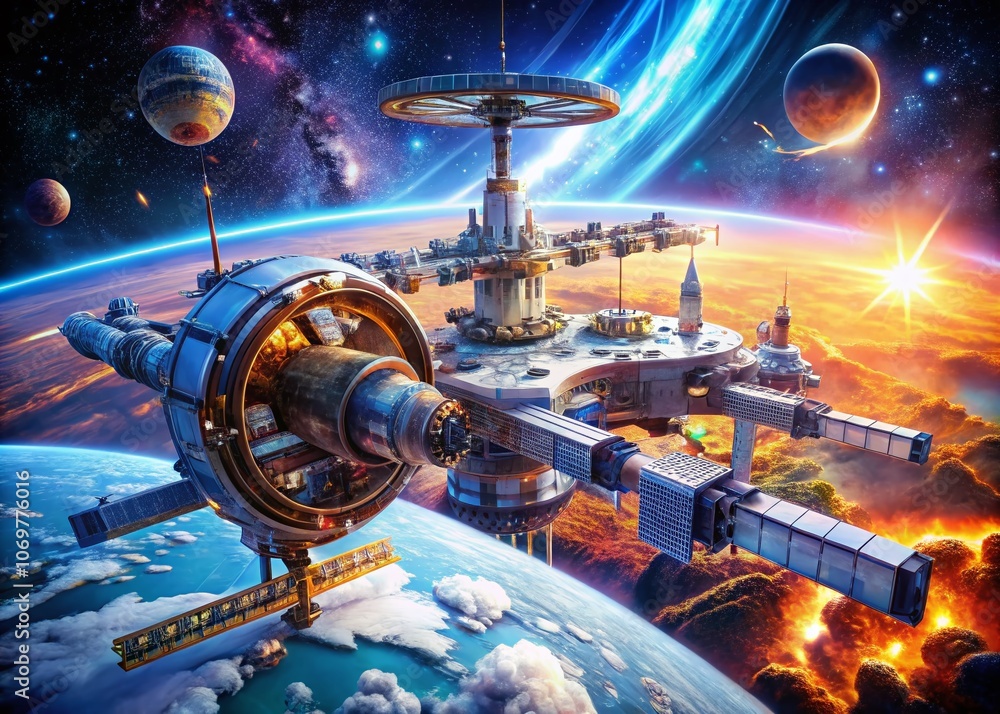 Poster Panoramic View of an Aerial Space Station in a Futuristic Sci-Fi Setting with Balanced Hues and Advanced Technology, Showcasing the Wonders of Outer Space and Human Ingenuity