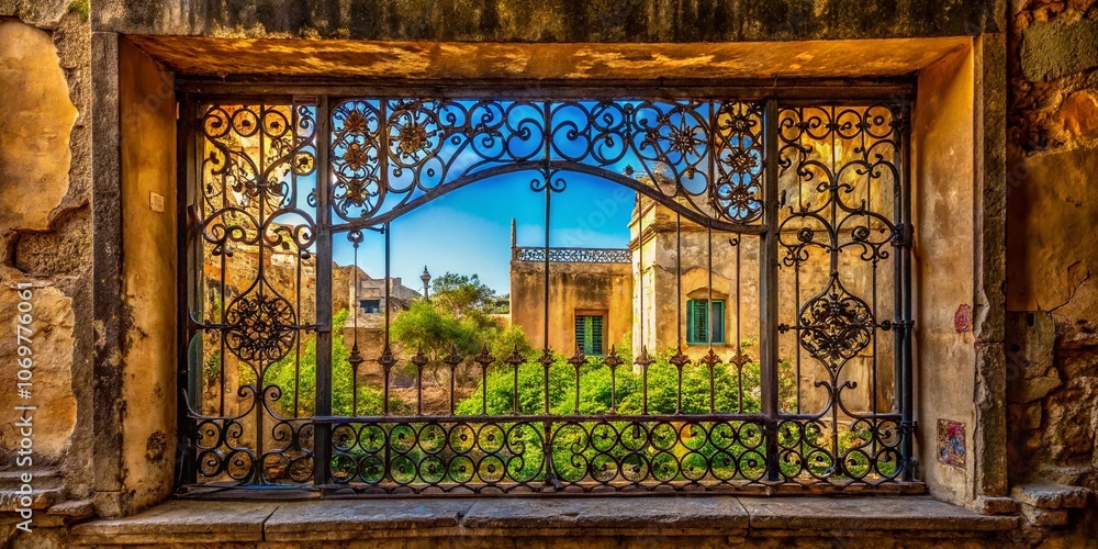 Poster panoramic view of an ornate metal gate framing a window in an old building with intricate designs an