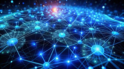 Obraz premium Panoramic View of a Neural Network Diagram Glowing Brightly in Shades of Blue, Showcasing Complex Connections and Data Flow in a Futuristic Digital Environment