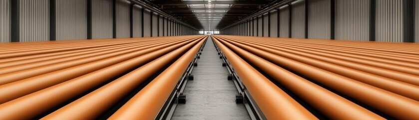 Automated sorting system in a distribution center, shipping logistics setup, sleek industrial design, high ceiling, bright lighting, spacious layout