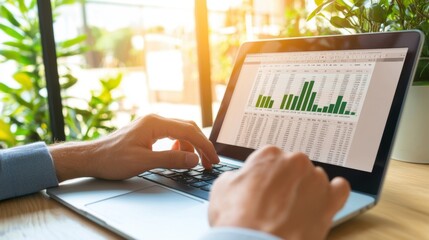 Cpa analyzes spreadsheet data on laptop in clean office space