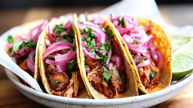 Savor cochinita pibil tacos with slow-cooked pork and achiote toppings