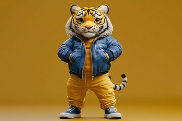 Cool cartoon tiger character in a stylish outfit, featuring a blue jacket and yellow pants against a vibrant yellow background, exuding confidence and charm
