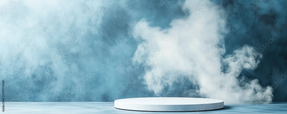 Poster a minimalist stage with a circular platform surrounded by soft smoke against a textured blue backgro