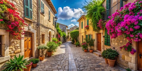 Fototapeta premium Panoramic View of the Historic Streets of Alcudia, Mallorca: Captivating Ancient Architecture and Charming Cobbled Pathways in a Sunlit Mediterranean Setting