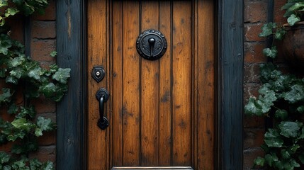 Fototapeta premium A close-up of a wooden door with black trim and a decorative door knocker.