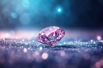 A sparkling pink diamond sits elegantly on a bed of shimmering glitter, illuminated by a soft, ethereal light.