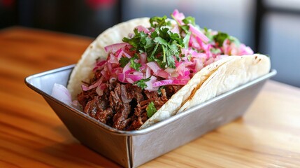 Savor delicious tacos filled with beef barbacoa and tangy pickled cabbage