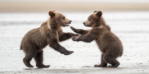 Obraz premium Playful Dance of Grizzly Bear Cubs in a Minimalist Landscape Captured in Nature's Embrace - A Serene Moment of Joyful Wildlife Interaction