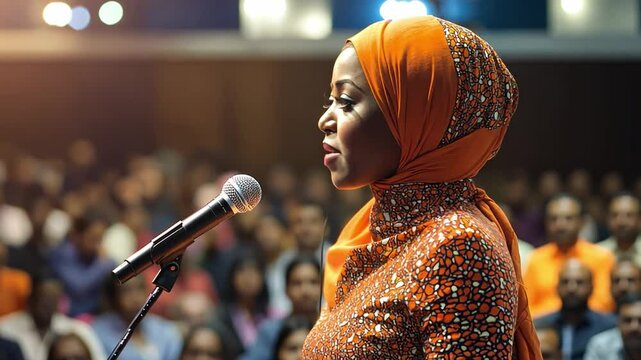 A Somali or Ghanaian woman faces her fear of public speaking by giving a speech to a large crowd. Challenge accepted