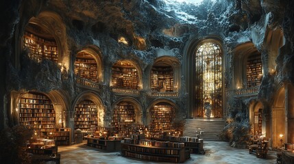 Obraz premium A grand, ancient library carved into a cavern, filled with bookshelves and a stained glass window.