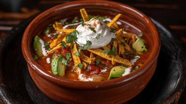 Indulge in sopa azteca a flavorful tomato-based tortilla soup