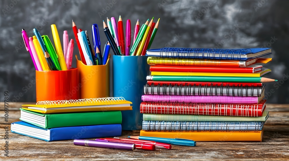 Poster a tidy arrangement of various writing instruments including pens pencils and a stack of notebooks ne
