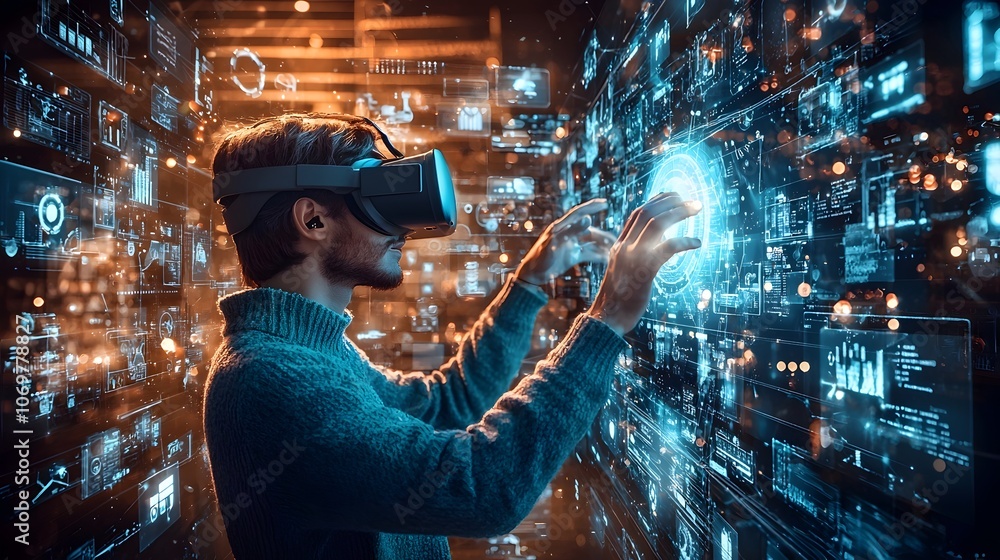 Poster a user immersed in a futuristic virtual reality workspace surrounded by illuminated holograms and in