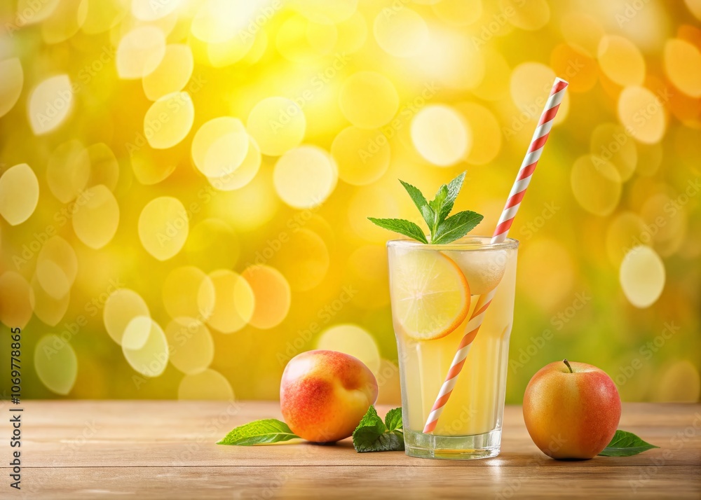 Poster Refreshing Lemonade with a Straw on Soft Peach Background - Embracing Summer Vibes and Simple Culinary Delights in a Minimalist Drink Theme