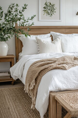 A wooden bed frame with white linen bedding and a woven throw blanket at the foot