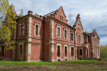 Ruins of the old mansion of the noble estate Knyazhya Gorka on a May day. Pskov region, Russia