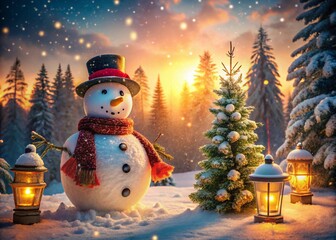 Obraz premium Retro Style Double Exposure Snowman in a Winter Landscape, Blending Vintage Aesthetics with Modern Artistry for a Unique Holiday Atmosphere