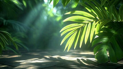 Sunlight filtering through jungle palm leaves, casting intricate patterns of light and shadow on the vibrant forest floor below