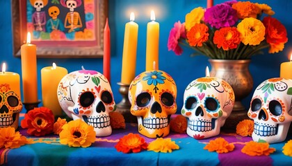 Vibrant day of the dead altar with colorful skulls and flowers