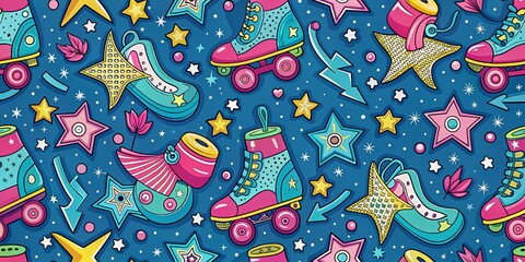 Fototapeta premium Roller Skates Seamless Pattern with Stars and Arrows on Blue Background for Girlish Sport Textiles and Wrapping Paper, Perfect for Fun and Vibrant Designs