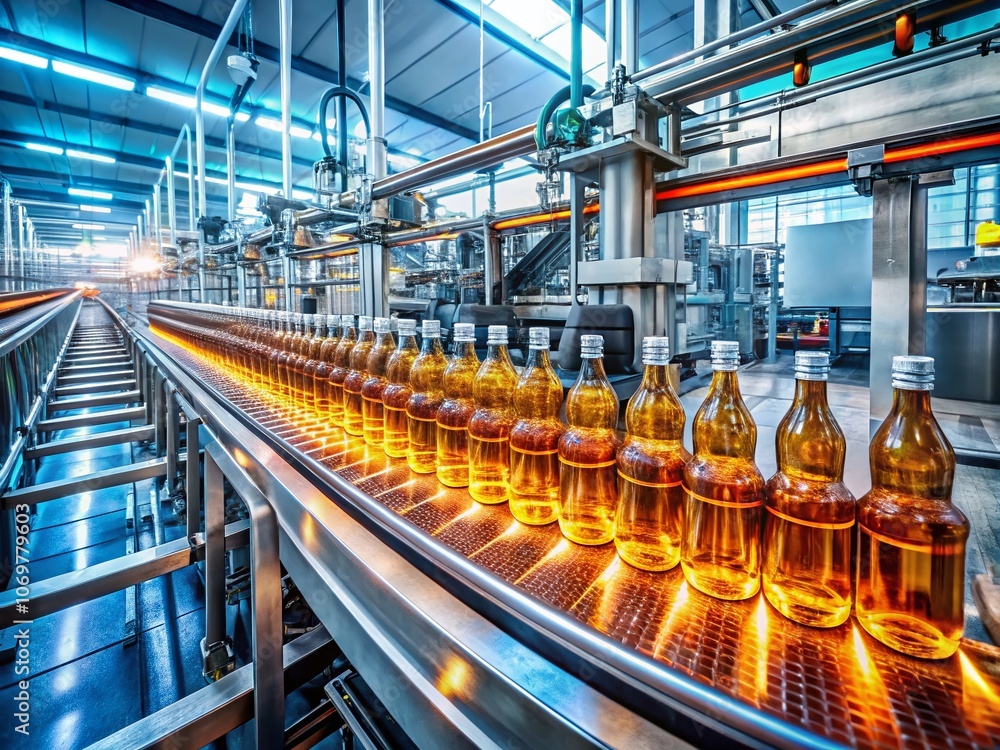 Poster rows of amber bottles being filled in a modern manufacturing facility with double exposure effect sh