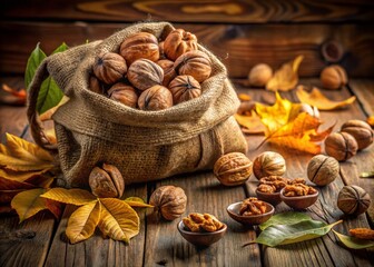 Rustic Candid Photography of Freshly Harvested Walnuts in a Natural Sack Surrounded by Organic Elements for a Warm and Inviting Autumn Aesthetic
