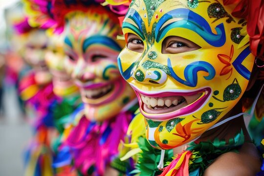 Colorful smiling mask parade at Masskara Festival  Bacolod City.
