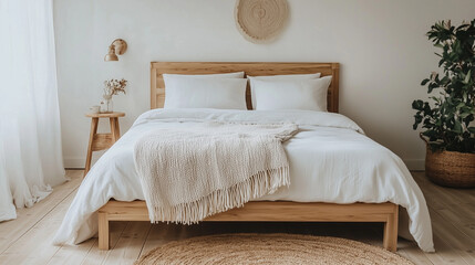 A wooden bed frame with white linen bedding and a woven throw blanket at the foot