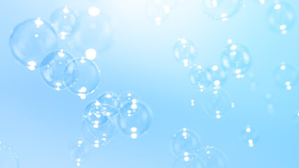 Beautiful Transparent Soap Bubbles Floating in The Air. Celebration Festive Backdrop. Freshness Soap Suds Bubbles Water. Abstract Blue Textured Background.
